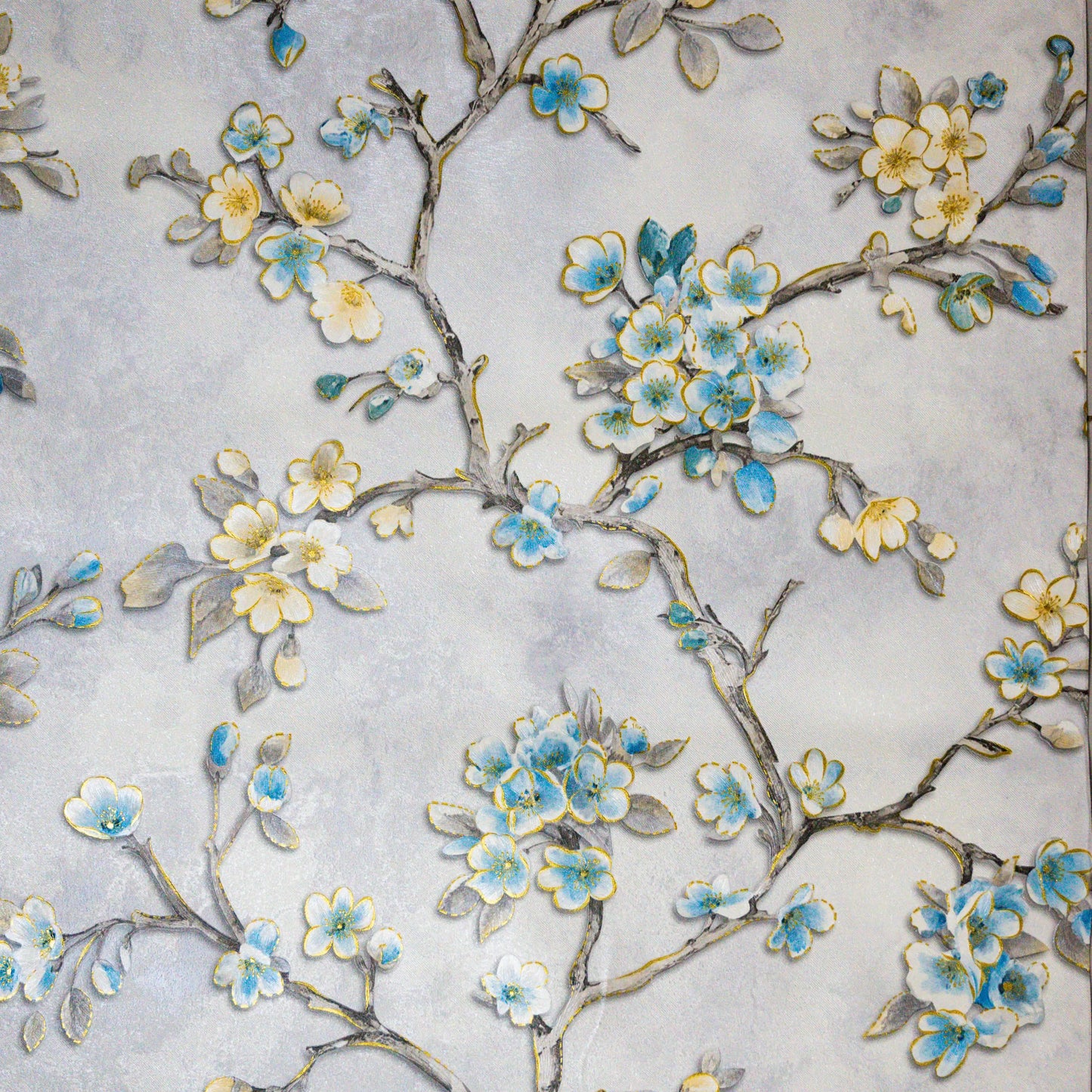 Blue Blossom Branch Embossed Wallpaper