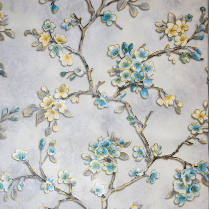 Blue Blossom Branch Embossed Wallpaper