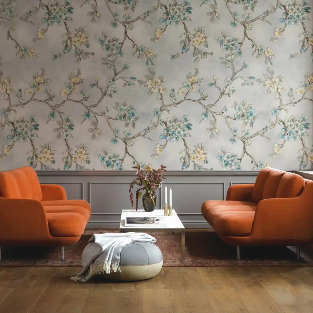 Blue Blossom Branch Embossed Wallpaper