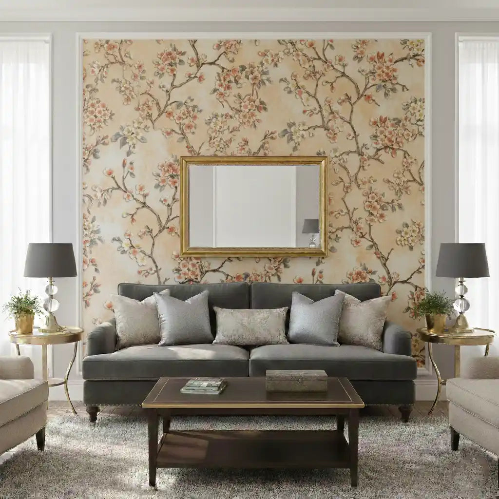 Living room with floral wallpaper, gray sofa, and decorative elements.