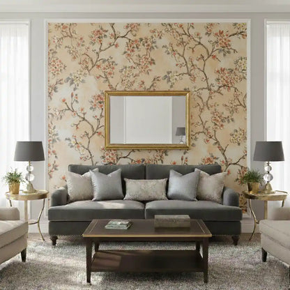 Living room with floral wallpaper, gray sofa, and decorative elements.