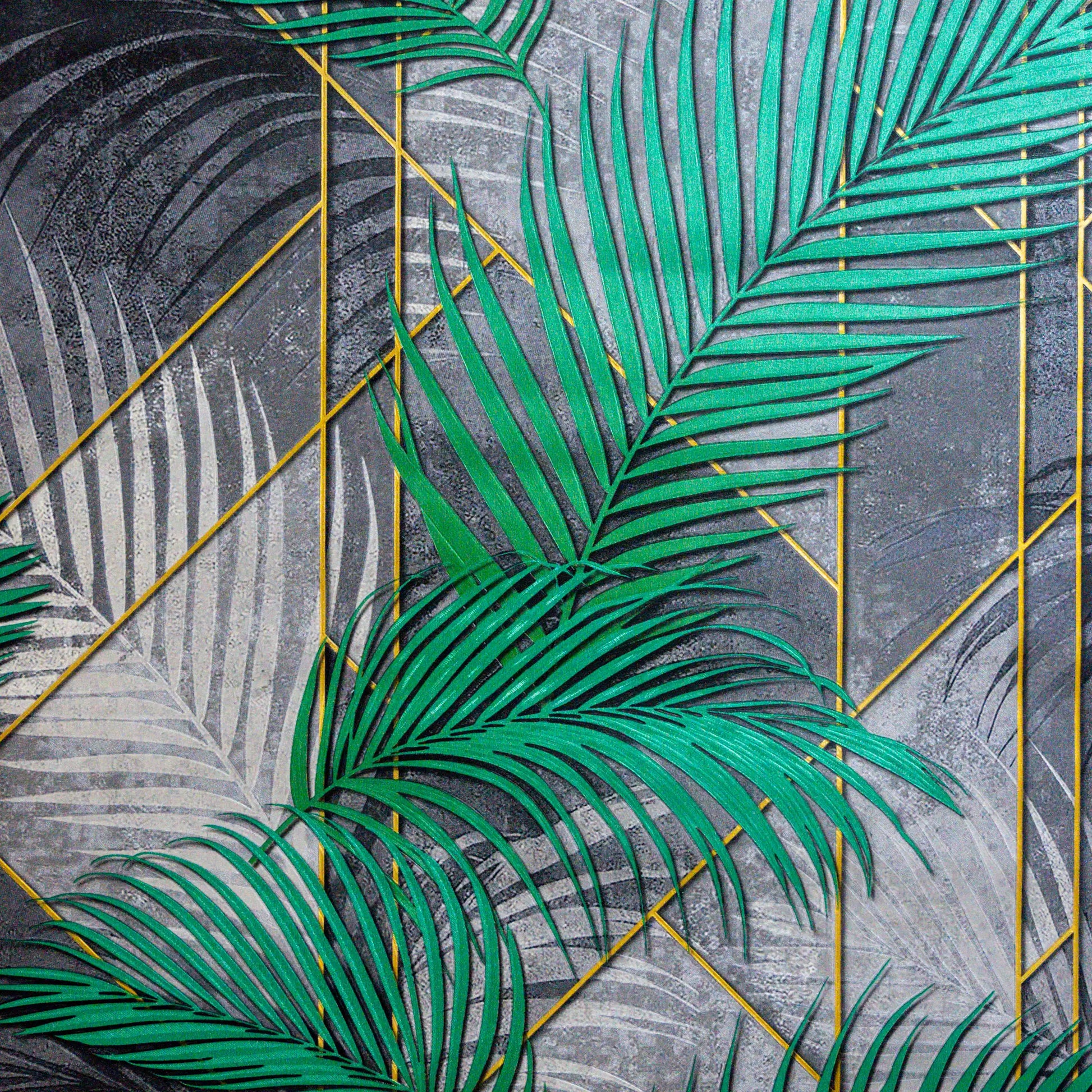 Patterned fabric with green palm leaves and geometric shapes on a gray background