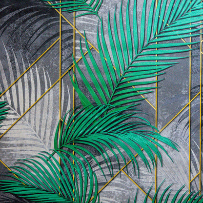 Patterned fabric with green palm leaves and geometric shapes on a gray background