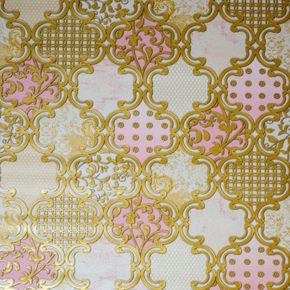 Decorative wallpaper with gold and pink intricate patterns on a light background