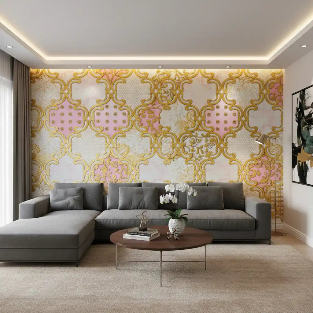 Modern living room with gray sectional sofa, decorative wall, and coffee table.