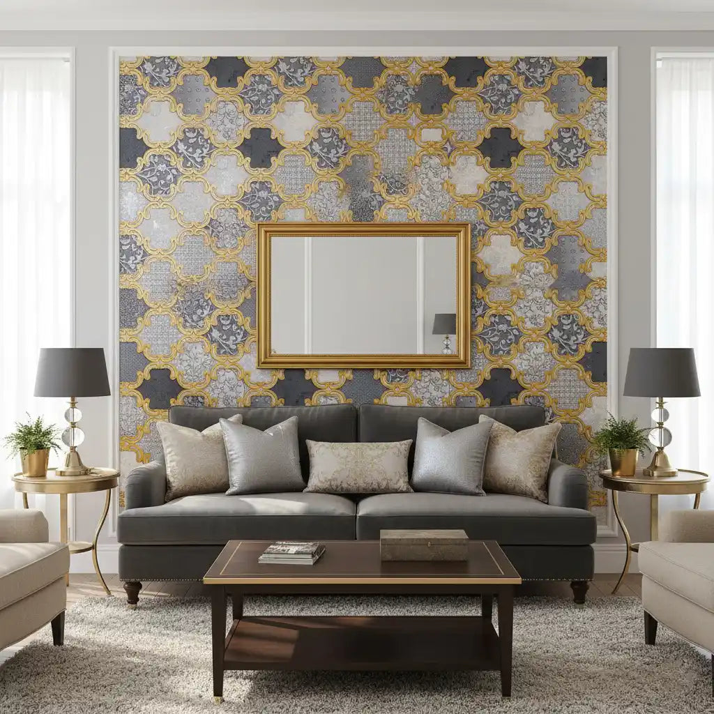 Living room with a gray sofa, patterned wall, and decorative mirror.