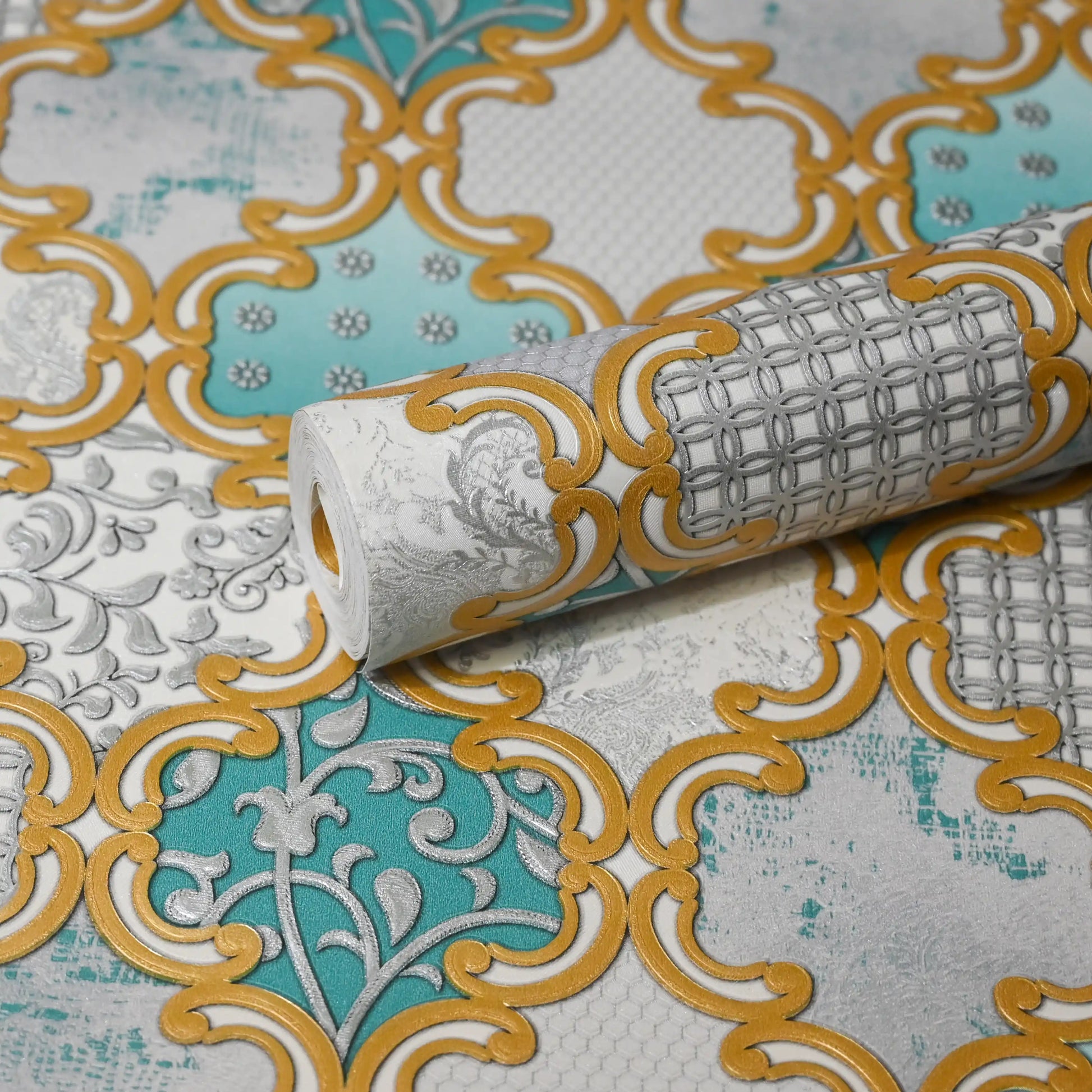 Decorative wallpaper with gold and turquoise patterns on a white background