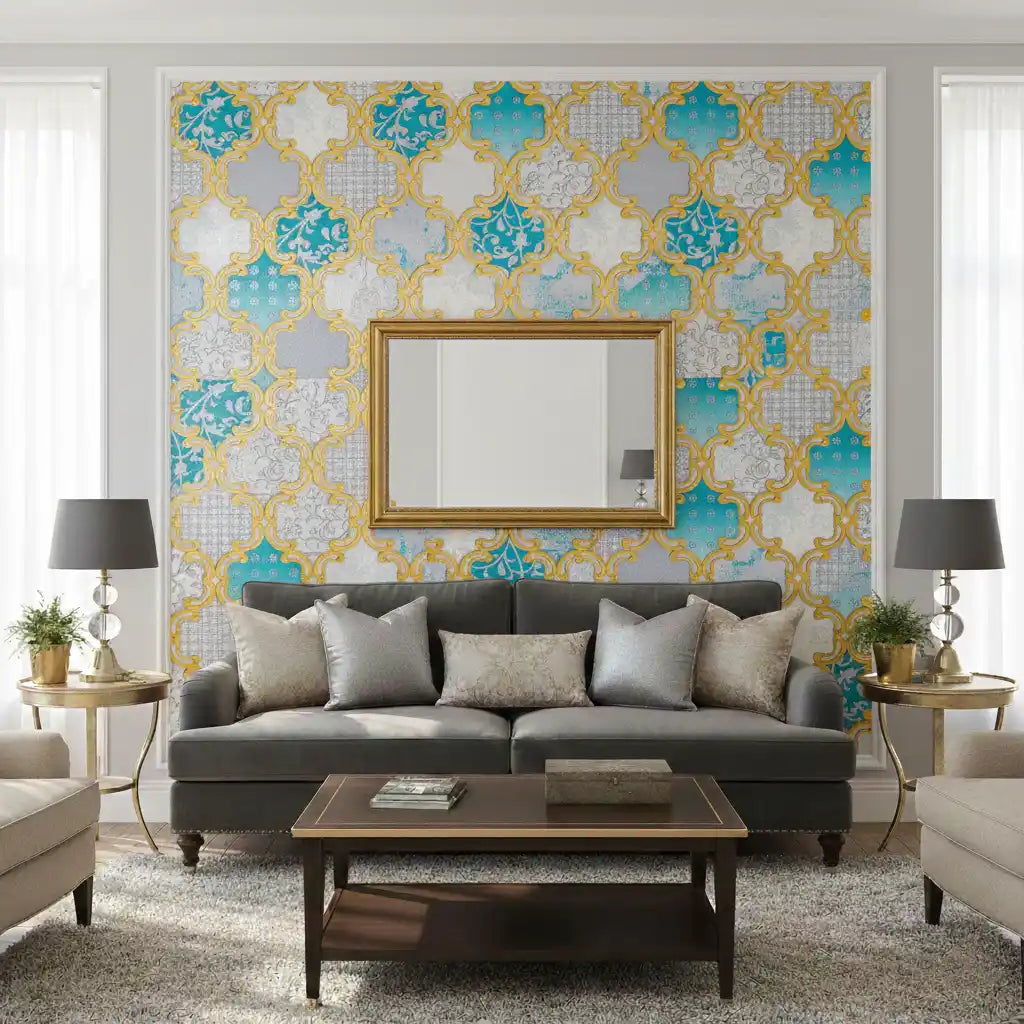 Living room with a gray sofa, coffee table, and decorative wall art.