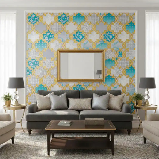 Aqua Blue & Gold Regal Damask Wallpaper