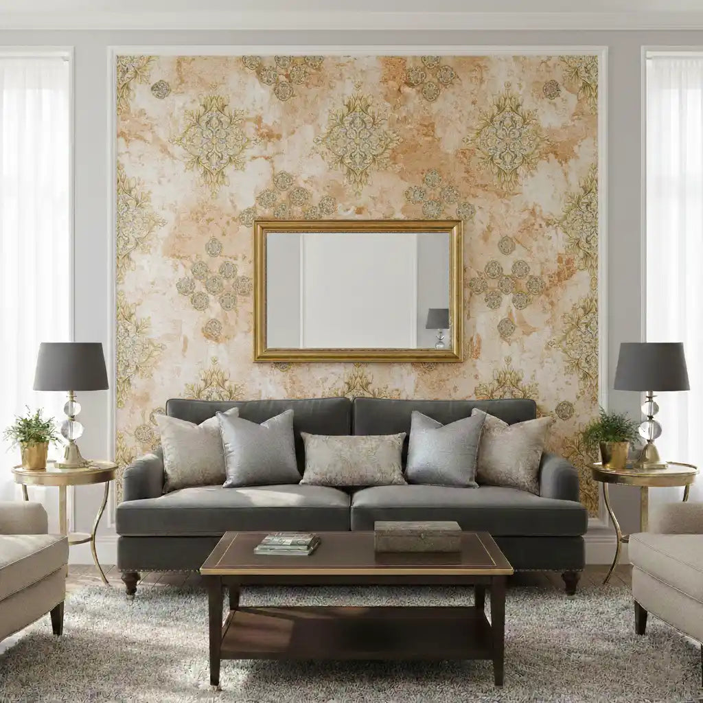 Living room with gray sectional sofa, floral wall paper, and decorative mirror.