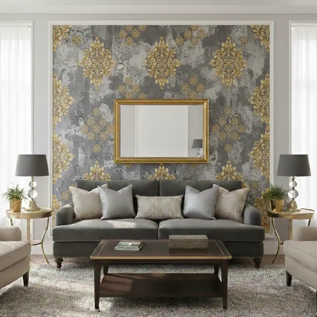 Traditional Large White Damask Pattern Wallpaper