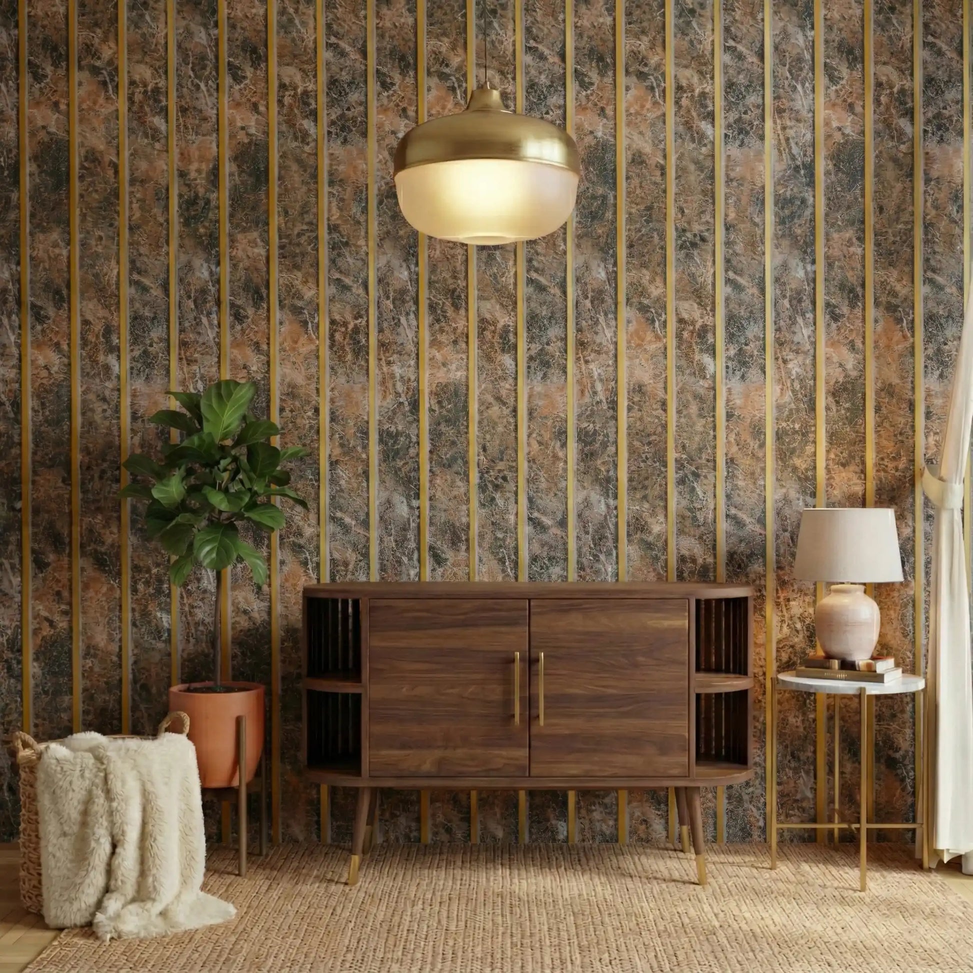 Room interior with wooden cabinet, lamp, and plant against a patterned wall.