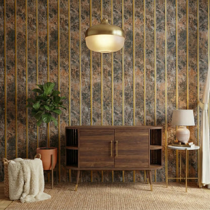 Room interior with wooden cabinet, lamp, and plant against a patterned wall.