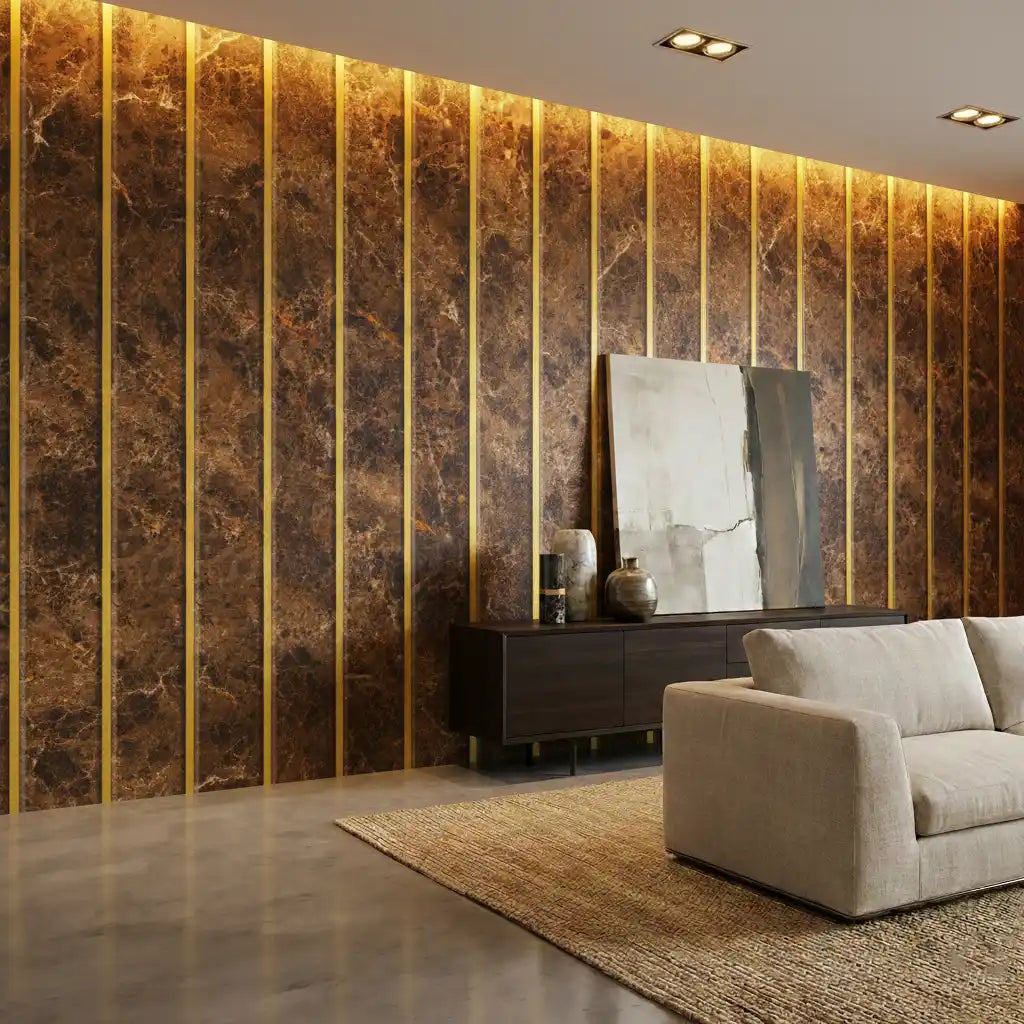 Modern living room with a decorative wall panel and a sofa.