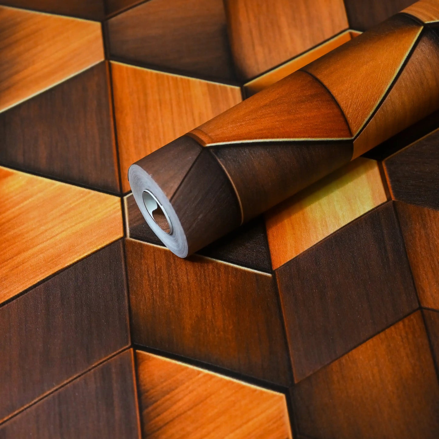 Roll of wood-patterned wallpaper with geometric design