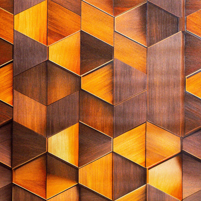 Geometric pattern of wooden tiles in brown and orange tones.