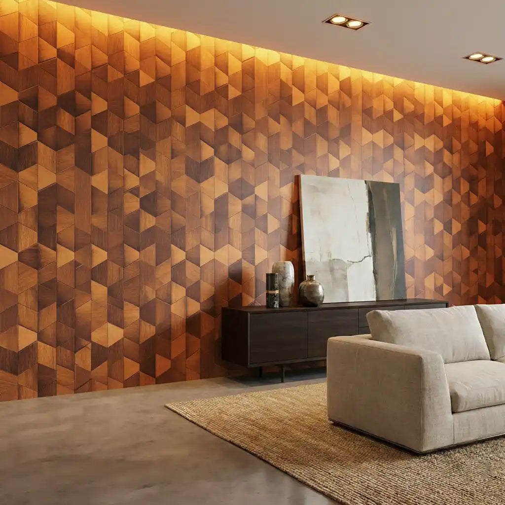 Modern living room with geometric wooden wall paneling and a beige sofa.