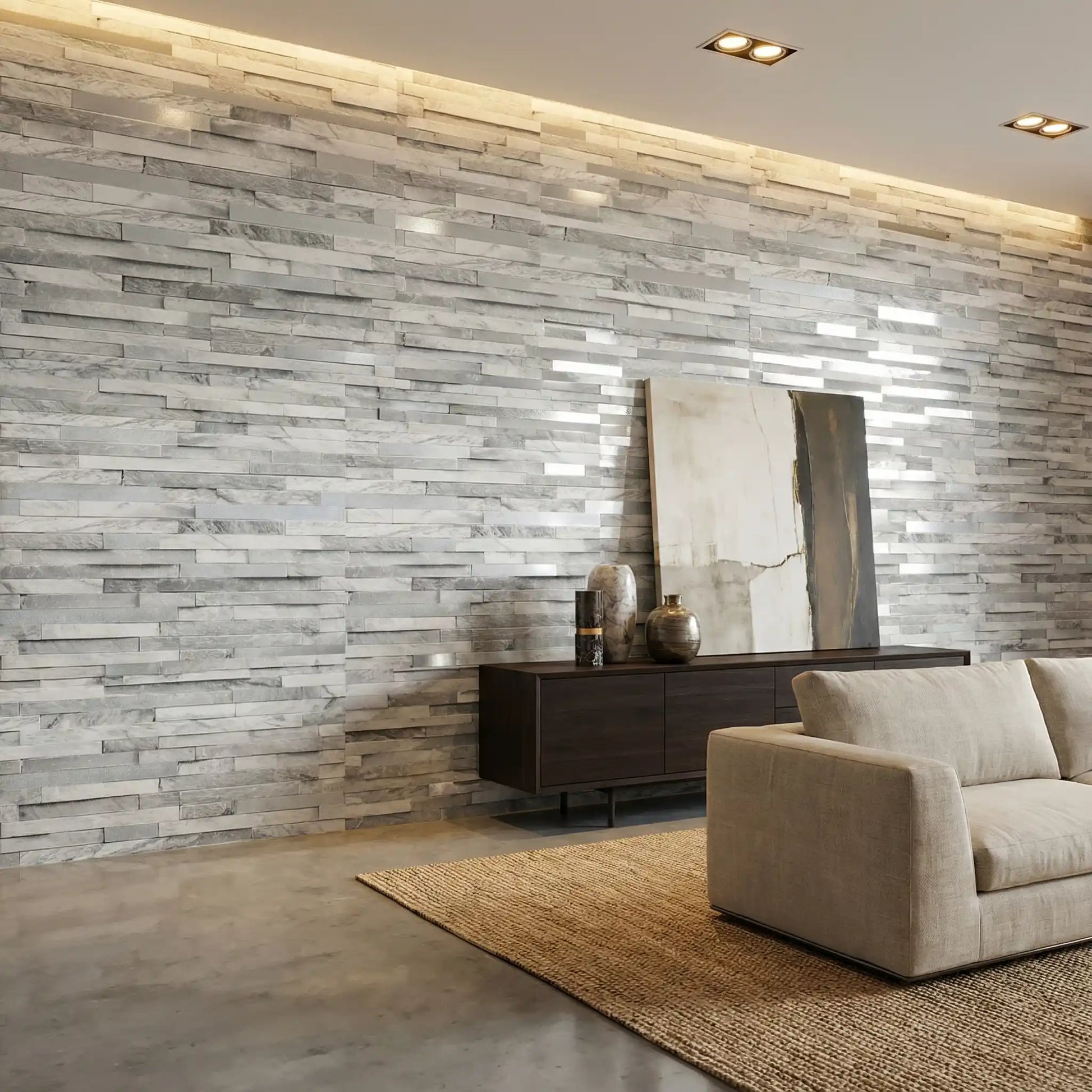 Modern living room with a textured wall, sofa, and decorative items.