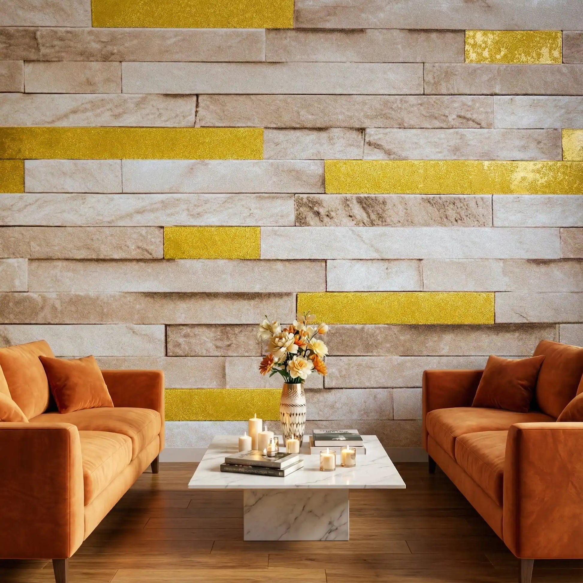 Modern living room with orange sofas, a marble coffee table, and a decorative wall.