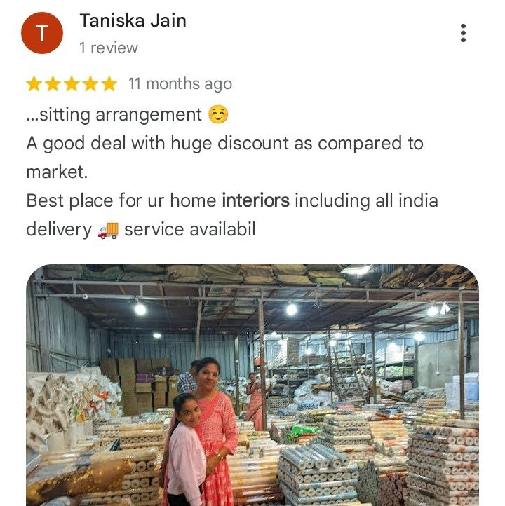 Review of a home interior store with text and photo of people in the warehouse.