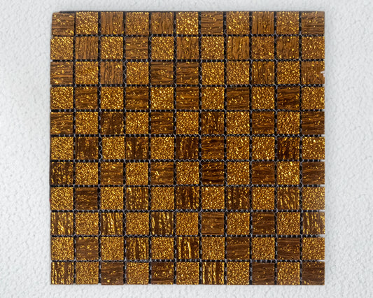 Square tile with gold and bronze mosaic pattern on a white background