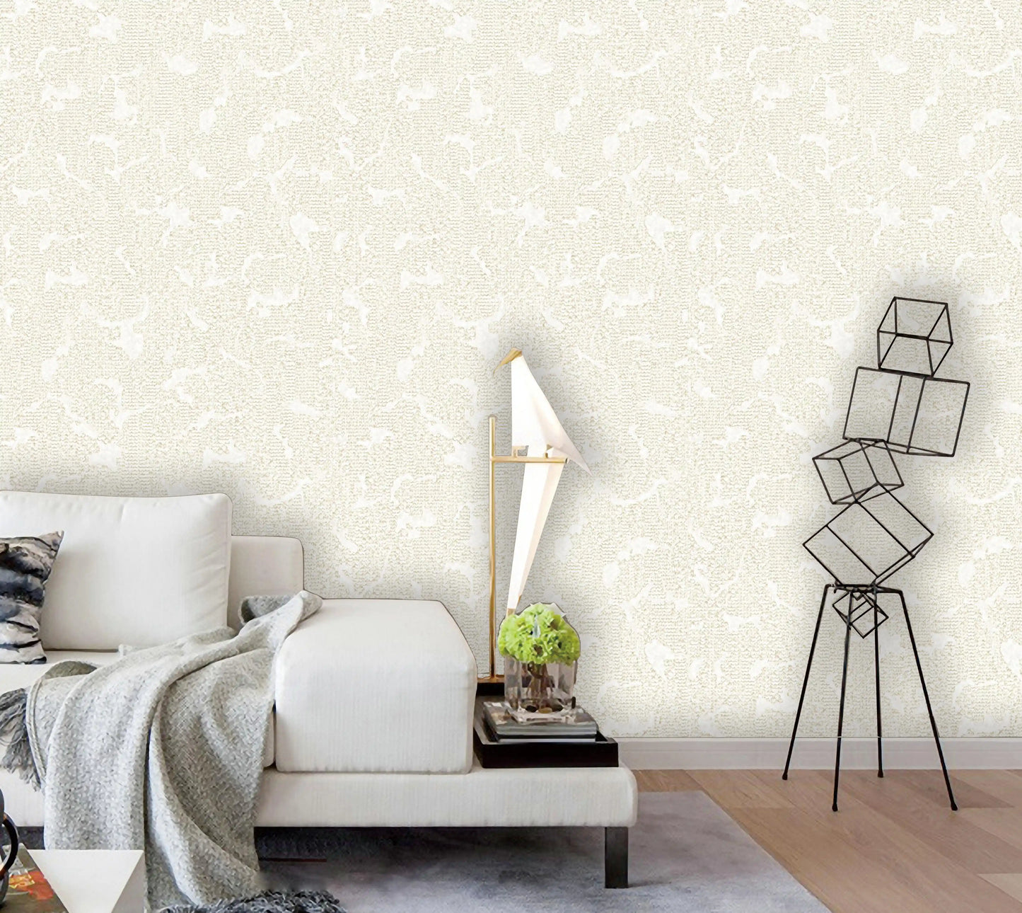 Modern bedroom with a bed, nightstand, and decorative lamp against a patterned wall.